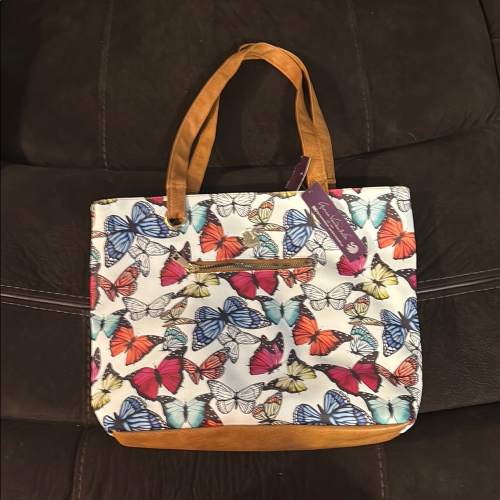 Butterfly Print Tote Bag with Tan Accents